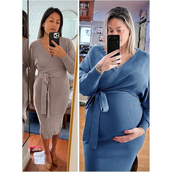 Women's Sweater Dress Wrap Batwing V Neck Slit Bodycon Dress Jeans Blue - Picture 7 of 7